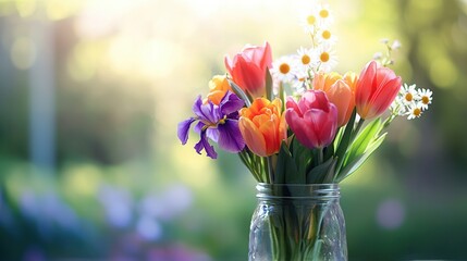 Poster - A clear glass jar holds vibrant tulips, irises, and daisies, all beautifully lit by bright sunlight during a serene spring morning. Generative AI