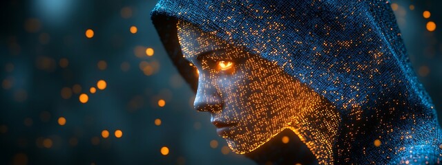 A blue digital hacker with glowing binary code, AI in cybersecurity systems, threat detection algorithms, penetration testing tools, and digital forensics analysis. cybercrime, cyber attack design,
