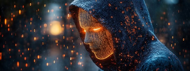 A blue digital hacker with glowing binary code, AI in cybersecurity systems, threat detection algorithms, penetration testing tools, and digital forensics analysis. cybercrime, cyber attack design,