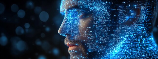A blue digital hacker with glowing binary code, AI in cybersecurity systems, threat detection algorithms, penetration testing tools, and digital forensics analysis. cybercrime, cyber attack design,