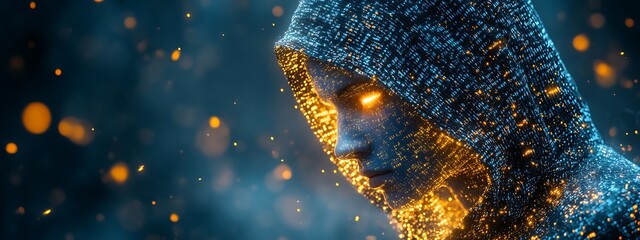 A blue digital hacker with glowing binary code, AI in cybersecurity systems, threat detection algorithms, penetration testing tools, and digital forensics analysis. cybercrime, cyber attack design,
