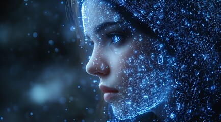 A blue digital hacker with glowing binary code, AI in cybersecurity systems, threat detection algorithms, penetration testing tools, and digital forensics analysis. cybercrime, cyber attack design,