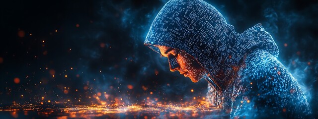 A blue digital hacker with glowing binary code, AI in cybersecurity systems, threat detection algorithms, penetration testing tools, and digital forensics analysis. cybercrime, cyber attack design,