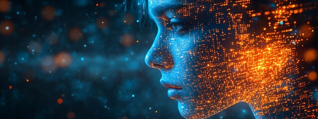 A blue digital hacker with glowing binary code, AI in cybersecurity systems, threat detection algorithms, penetration testing tools, and digital forensics analysis. cybercrime, cyber attack design,
