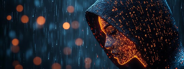 A blue digital hacker with glowing binary code, AI in cybersecurity systems, threat detection algorithms, penetration testing tools, and digital forensics analysis. cybercrime, cyber attack design,