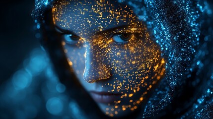 A blue digital hacker with glowing binary code, AI in cybersecurity systems, threat detection algorithms, penetration testing tools, and digital forensics analysis. cybercrime, cyber attack design,