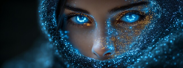 A blue digital hacker with glowing binary code, AI in cybersecurity systems, threat detection algorithms, penetration testing tools, and digital forensics analysis. cybercrime, cyber attack design,