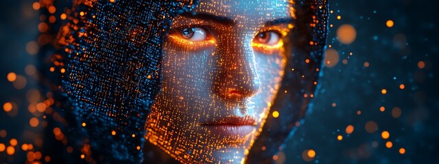 A blue digital hacker with glowing binary code, AI in cybersecurity systems, threat detection algorithms, penetration testing tools, and digital forensics analysis. cybercrime, cyber attack design,