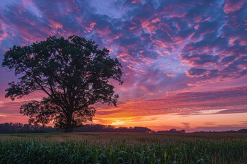 Aufkleber - a painting of a sunset over a field delicate interplay of colors in a vibrant sunset over a serene landscape