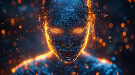 A blue digital hacker with glowing binary code, AI in cybersecurity systems, threat detection algorithms, penetration testing tools, and digital forensics analysis. cybercrime, cyber attack design,
