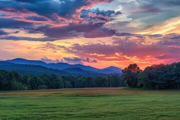 Aufkleber - a painting of a sunset over a field delicate interplay of colors in a vibrant sunset over a serene landscape