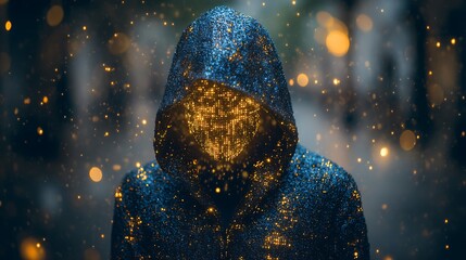 A blue digital hacker with glowing binary code, AI in cybersecurity systems, threat detection algorithms, penetration testing tools, and digital forensics analysis. cybercrime, cyber attack design,