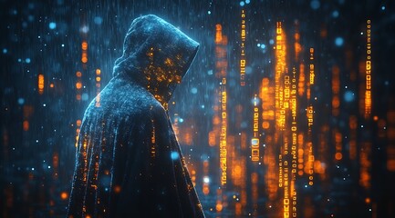 A blue digital hacker with glowing binary code, AI in cybersecurity systems, threat detection algorithms, penetration testing tools, and digital forensics analysis. cybercrime, cyber attack design,