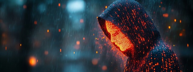 A blue digital hacker with glowing binary code, AI in cybersecurity systems, threat detection algorithms, penetration testing tools, and digital forensics analysis. cybercrime, cyber attack design,
