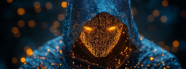 A blue digital hacker with glowing binary code, AI in cybersecurity systems, threat detection algorithms, penetration testing tools, and digital forensics analysis. cybercrime, cyber attack design,