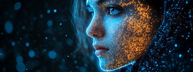 A blue digital hacker with glowing binary code, AI in cybersecurity systems, threat detection algorithms, penetration testing tools, and digital forensics analysis. cybercrime, cyber attack design,