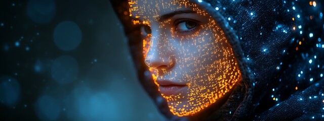A blue digital hacker with glowing binary code, AI in cybersecurity systems, threat detection algorithms, penetration testing tools, and digital forensics analysis. cybercrime, cyber attack design,