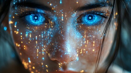 A blue digital hacker with glowing binary code, AI in cybersecurity systems, threat detection algorithms, penetration testing tools, and digital forensics analysis. cybercrime, cyber attack design,