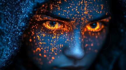 A blue digital hacker with glowing binary code, AI in cybersecurity systems, threat detection algorithms, penetration testing tools, and digital forensics analysis. cybercrime, cyber attack design,