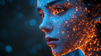 A blue digital hacker with glowing binary code, AI in cybersecurity systems, threat detection algorithms, penetration testing tools, and digital forensics analysis. cybercrime, cyber attack design,