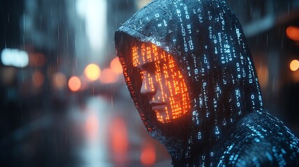 A blue digital hacker with glowing binary code, AI in cybersecurity systems, threat detection algorithms, penetration testing tools, and digital forensics analysis. cybercrime, cyber attack design,