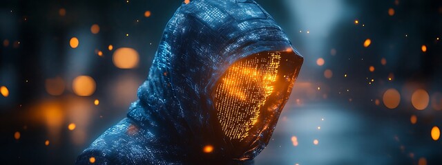 A blue digital hacker with glowing binary code, AI in cybersecurity systems, threat detection algorithms, penetration testing tools, and digital forensics analysis. cybercrime, cyber attack design,