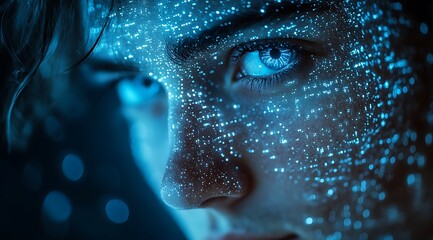 A blue digital hacker with glowing binary code, AI in cybersecurity systems, threat detection algorithms, penetration testing tools, and digital forensics analysis. cybercrime, cyber attack design,