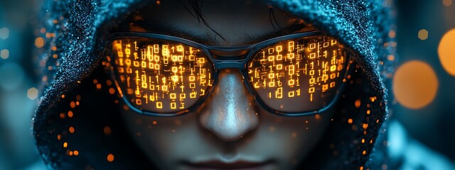 A blue digital hacker with glowing binary code, AI in cybersecurity systems, threat detection algorithms, penetration testing tools, and digital forensics analysis. cybercrime, cyber attack design,