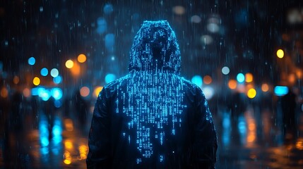 A blue digital hacker with glowing binary code, AI in cybersecurity systems, threat detection algorithms, penetration testing tools, and digital forensics analysis. cybercrime, cyber attack design,