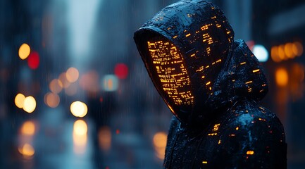 A blue digital hacker with glowing binary code, AI in cybersecurity systems, threat detection algorithms, penetration testing tools, and digital forensics analysis. cybercrime, cyber attack design,
