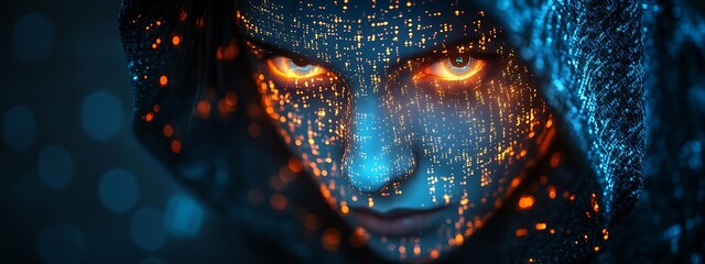 A blue digital hacker with glowing binary code, AI in cybersecurity systems, threat detection algorithms, penetration testing tools, and digital forensics analysis. cybercrime, cyber attack design,