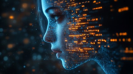 A blue digital hacker with glowing binary code, AI in cybersecurity systems, threat detection algorithms, penetration testing tools, and digital forensics analysis. cybercrime, cyber attack design,