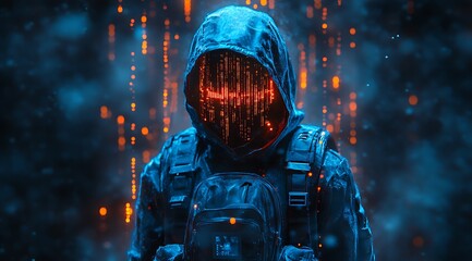 A blue digital hacker with glowing binary code, AI in cybersecurity systems, threat detection algorithms, penetration testing tools, and digital forensics analysis. cybercrime, cyber attack design,
