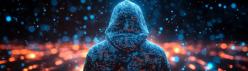 Wall Mural - A blue digital hacker with glowing binary code, AI in cybersecurity systems, threat detection algorithms, penetration testing tools, and digital forensics analysis. cybercrime, cyber attack design,