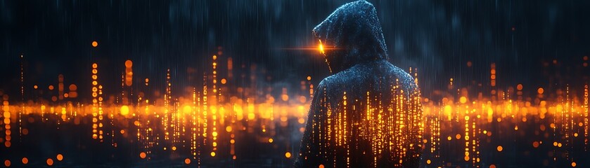 A blue digital hacker with glowing binary code, AI in cybersecurity systems, threat detection algorithms, penetration testing tools, and digital forensics analysis. cybercrime, cyber attack design,