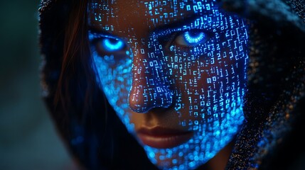 A blue digital hacker with glowing binary code, AI in cybersecurity systems, threat detection algorithms, penetration testing tools, and digital forensics analysis. cybercrime, cyber attack design,