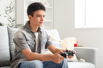 Teenage boy on sofa playing video game at home