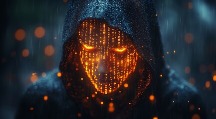 A blue digital hacker with glowing binary code, AI in cybersecurity systems, threat detection algorithms, penetration testing tools, and digital forensics analysis. cybercrime, cyber attack design,