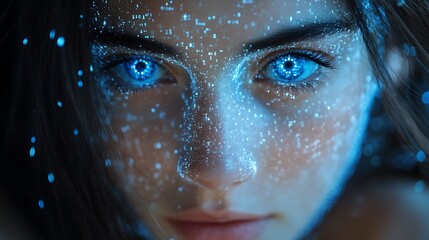 A blue digital hacker with glowing binary code, AI in cybersecurity systems, threat detection algorithms, penetration testing tools, and digital forensics analysis. cybercrime, cyber attack design,