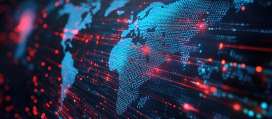 Abstract technology backdrop featuring software code lines intertwined with a world map