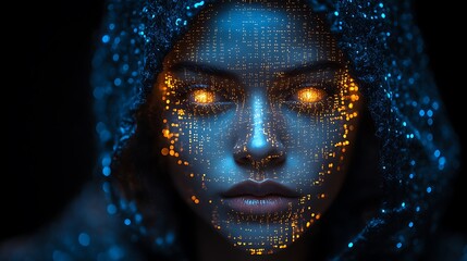 A blue digital hacker with glowing binary code, AI in cybersecurity systems, threat detection algorithms, penetration testing tools, and digital forensics analysis. cybercrime, cyber attack design,