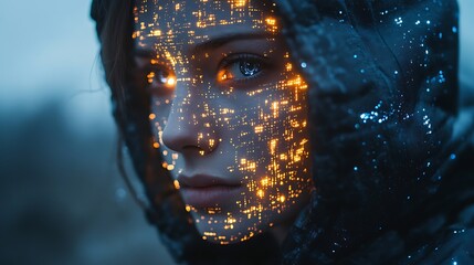 A blue digital hacker with glowing binary code, AI in cybersecurity systems, threat detection algorithms, penetration testing tools, and digital forensics analysis. cybercrime, cyber attack design,