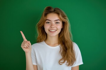 Wall Mural - Smiling Young Woman Pointing Up in a White Shirt. Generative AI.