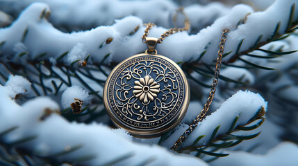 Ornate Pendant Necklace with Flower Design on a Snowy Branch - Winter Jewelry Photography