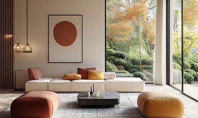  Japandi, minimalist interior design of modern living room. 