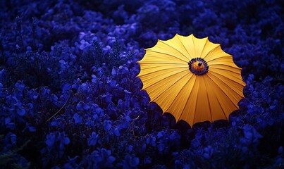 Poster - A Yellow Umbrella in a Sea of Blue Flowers