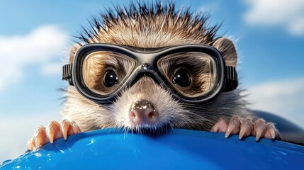 Poster - A hedgehog wearing goggles and a blue tube on his head, AI