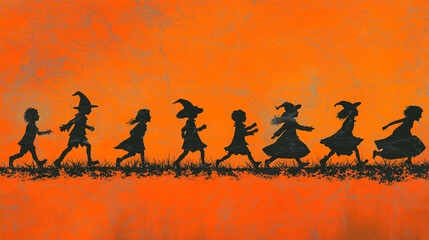 October night illustration, skittish girl in a black costume and hat creates creepy silhouette, embodying the horror and scary vibes of Halloween, as children in background enjoy the festive party.