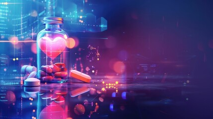 Wall Mural - A heart is surrounded by pills and a heart monitor