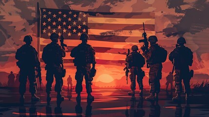 Silhouettes of soldiers standing before a large American flag at sunset, symbolizing patriotism and unity.